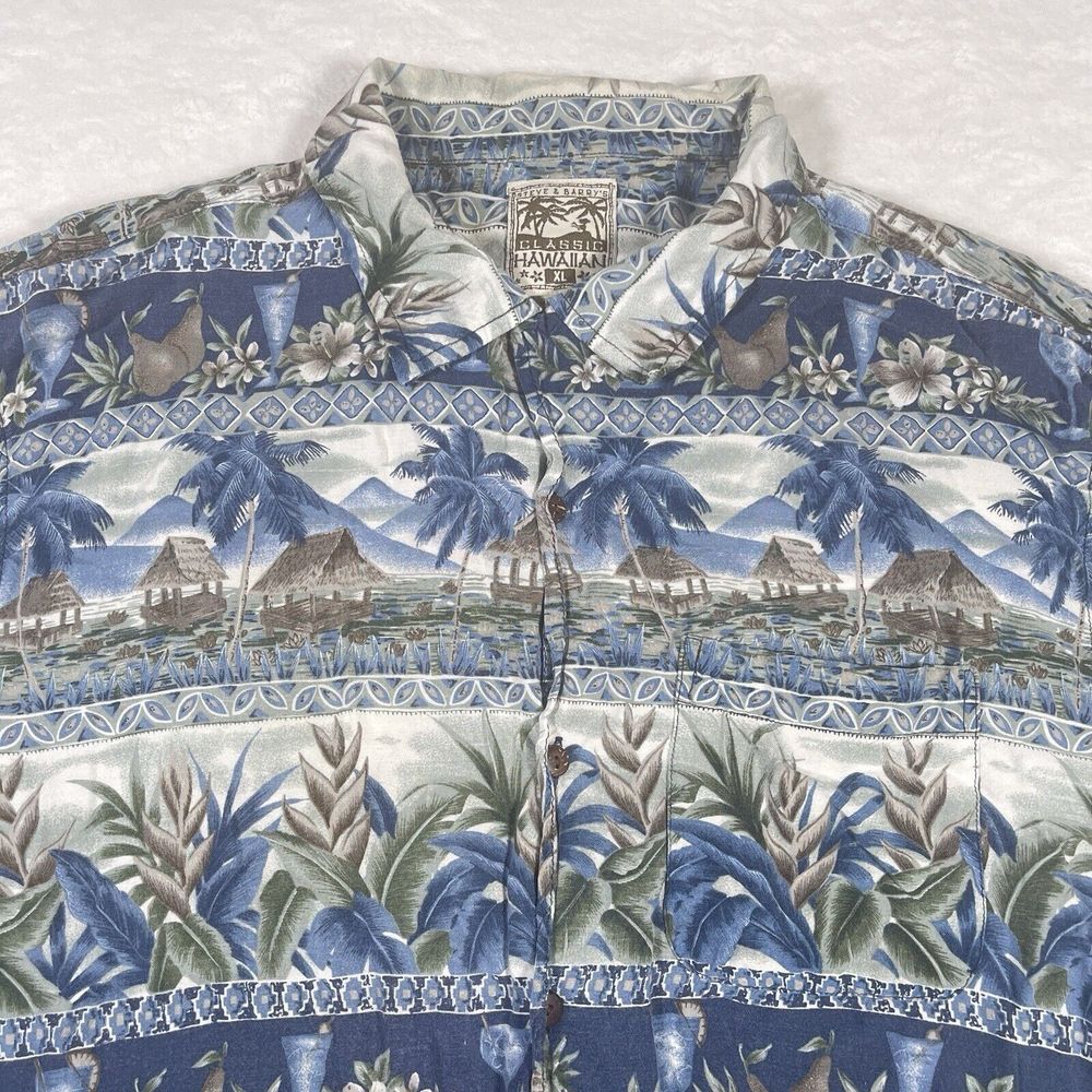 Steve‎ and Barry's Classic Mens XL Hawaiian Aloha Palm Hut Blue Print Shirt Surf